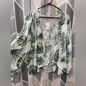 Cato Green Leaf Print Top with Lace Detail